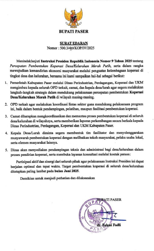 SURAT EDARAN BUPATI PASER