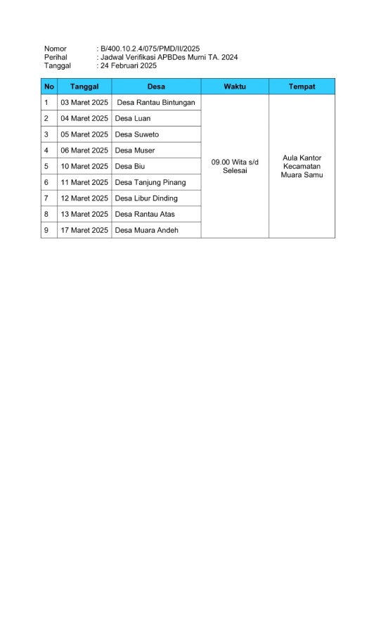 JADWAL VERIFIKASI APBDes MURNI TA 2024